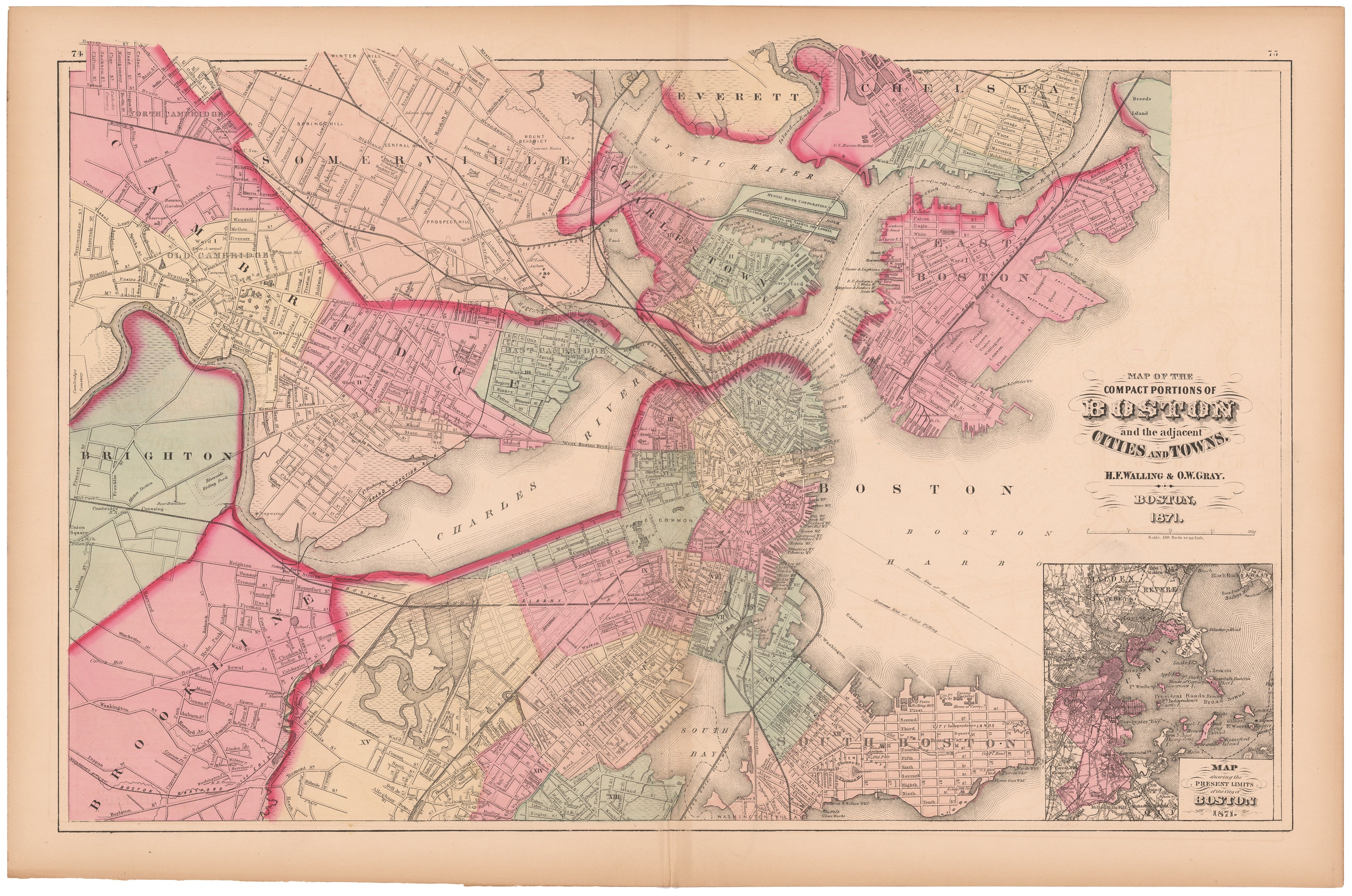 Antique Map of Boston, Massachusetts 1871