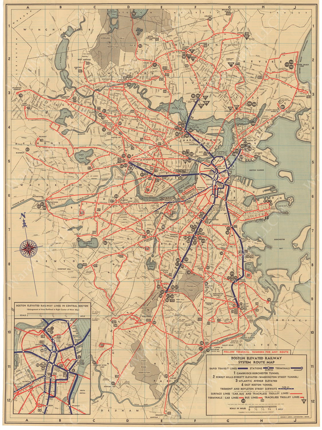 Boston Elevated Railway Co. (Massachusetts) System Route Map #2 1937