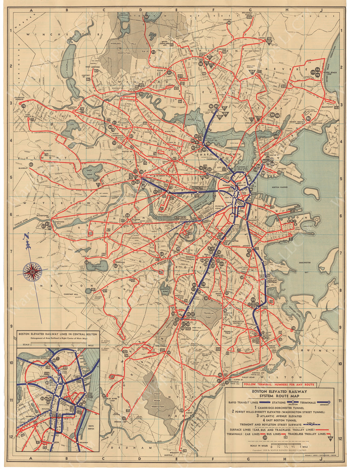 Boston Elevated Railway Co. (Massachusetts) System Route Map #3 1938